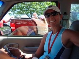 relaxing in the truck, post race